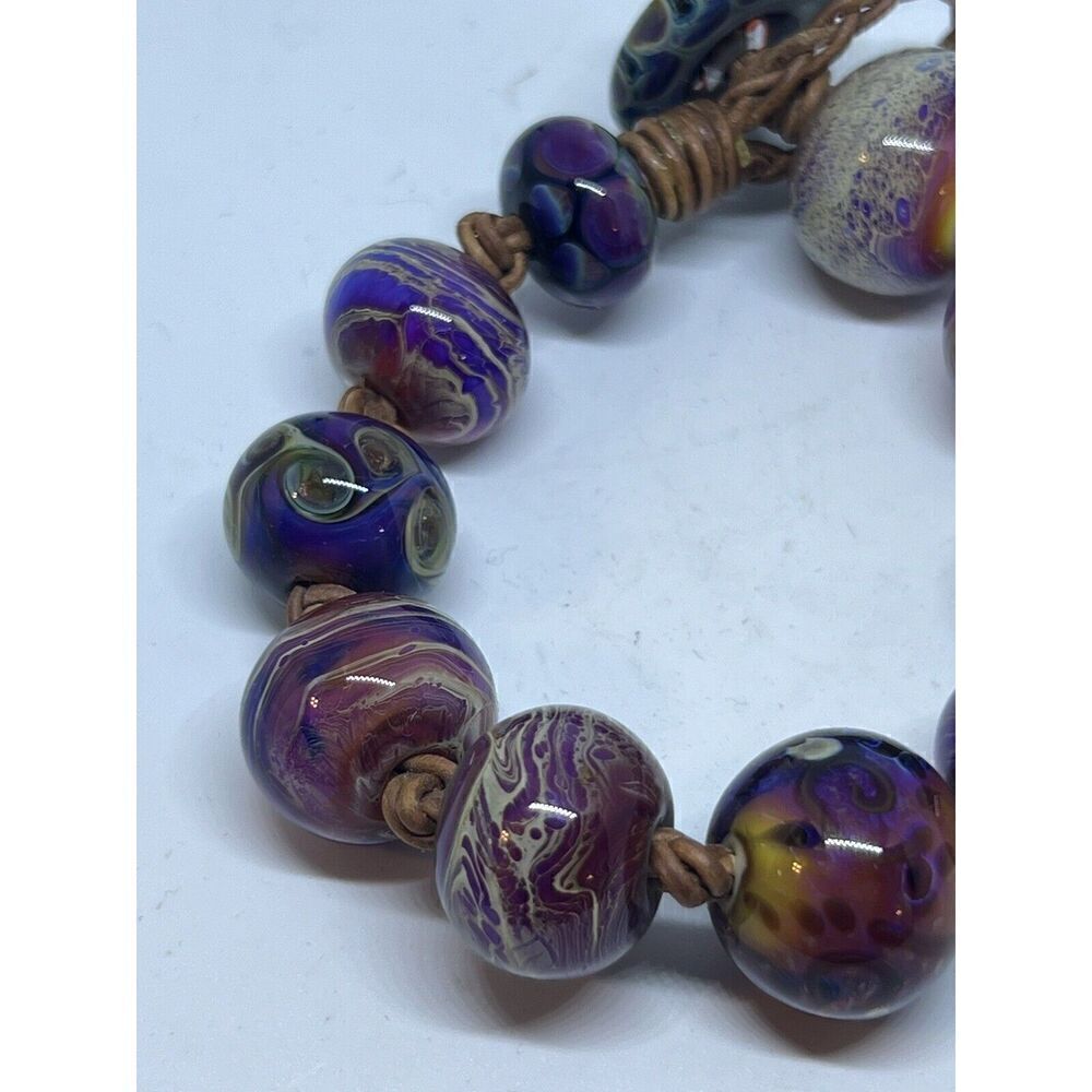 Santa Cruz Artist Made Lamp Worked Glass Bead Bracelet 9 3/4" OOAK Blue Purple - Picture 7 of 13